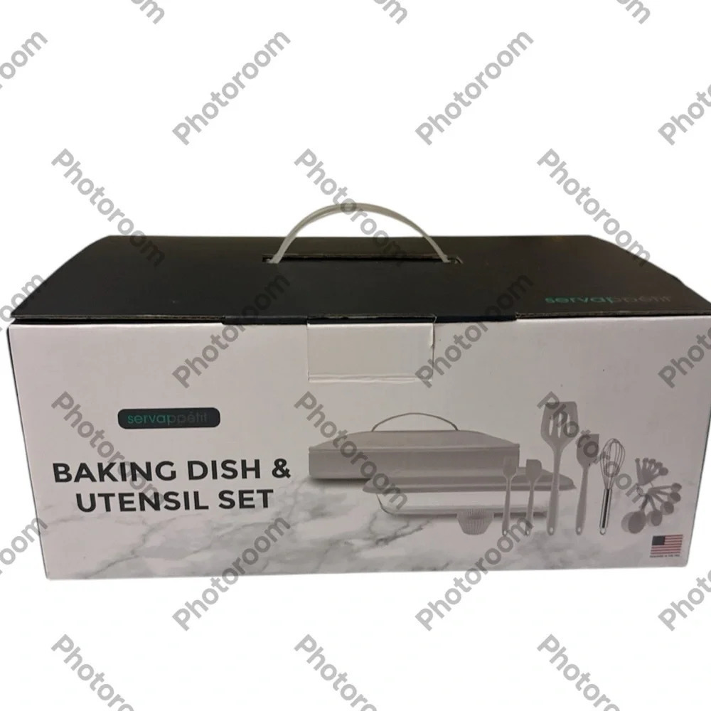 BAKING DISH &
UTENSIL SET brand new beautiful neutral color